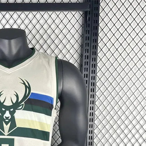NBA Milwaukee Bucks V-Neck Beige jersey LILLARD#0 S-XXL