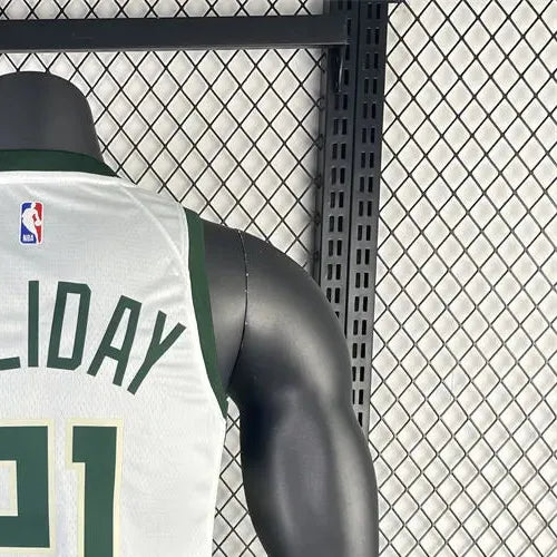 NBA Milwaukee Bucks V-Neck 2023 White jersey HOLIDAY#21 S-XXL